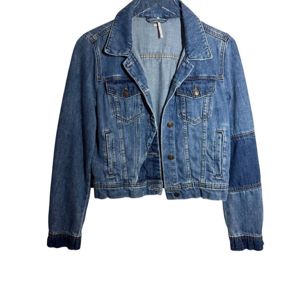 Free People trucker jacket Blue Rumors Denim jeans Jacket Size S patchwork - Picture 3 of 9